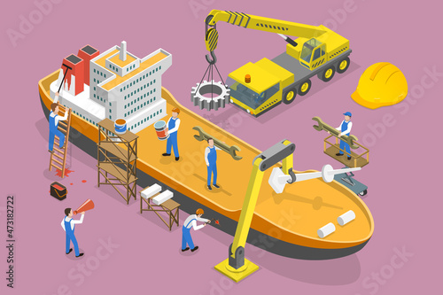 3D Isometric Flat Vector Conceptual Illustration of Shipbuilding, Nautical Vessel Repair and Maintenance photo