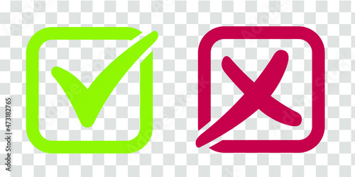 Set of Green Check Mark Icon and Red X cross Tick Symbol on Transparent Background. Vector illustration.