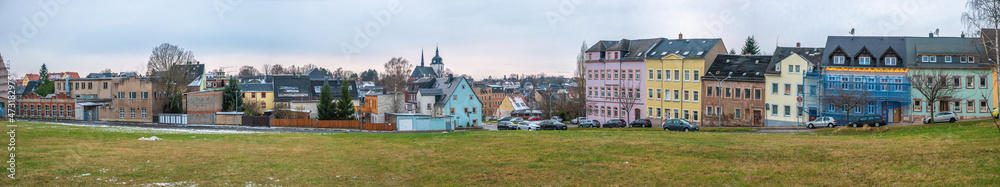 Panoramic view over small town Mittweida, its historical downtown in Winter with old buildings, Saxony, Germany.