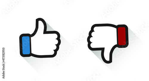 thumbs up and down with shadow. like dislike symbol set. vector illustration