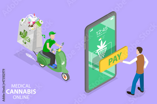 3D Isometric Flat Vector Conceptual Illustration of Medical Cannabis Online, CBD Ordering and Delivery
