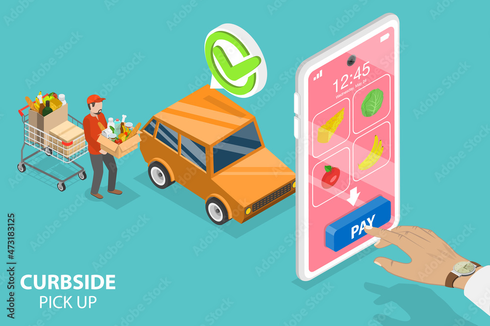 3D Isometric Flat Vector Conceptual Illustration of Curbside Pick Up, Food Online Ordering and Delivery 3D Isometric Flat Vector Conceptual Illustration of Curbside Pick Up, Food Online Ordering and Delivery
