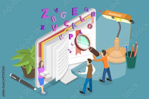 3D Isometric Flat Vector Conceptual Illustration of Online Vocabulary, Literature Reading