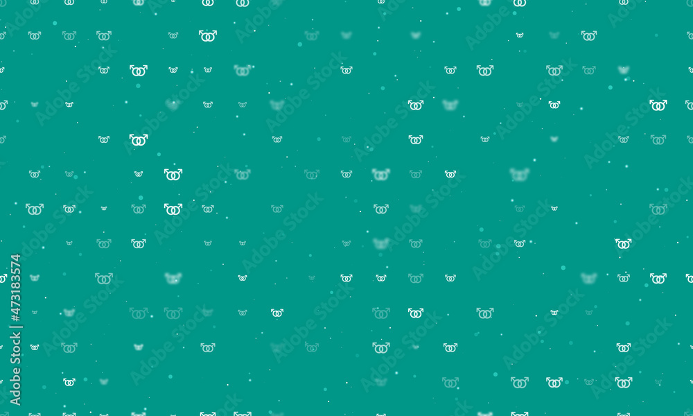 Seamless background pattern of evenly spaced white homosexual symbols of different sizes and opacity. Vector illustration on teal background with stars