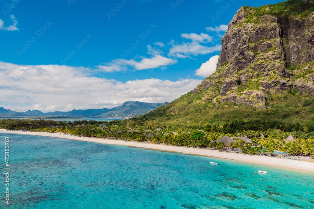 Tropical landscape with Le Morne mountain, ocean and beach in Mauritius