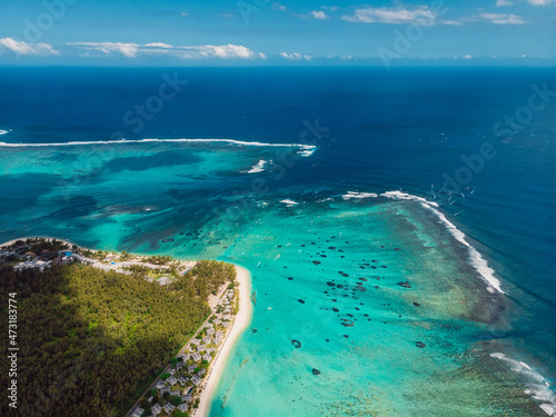 Coastline of Tropical Mauritius with blue ocean. Aerial view