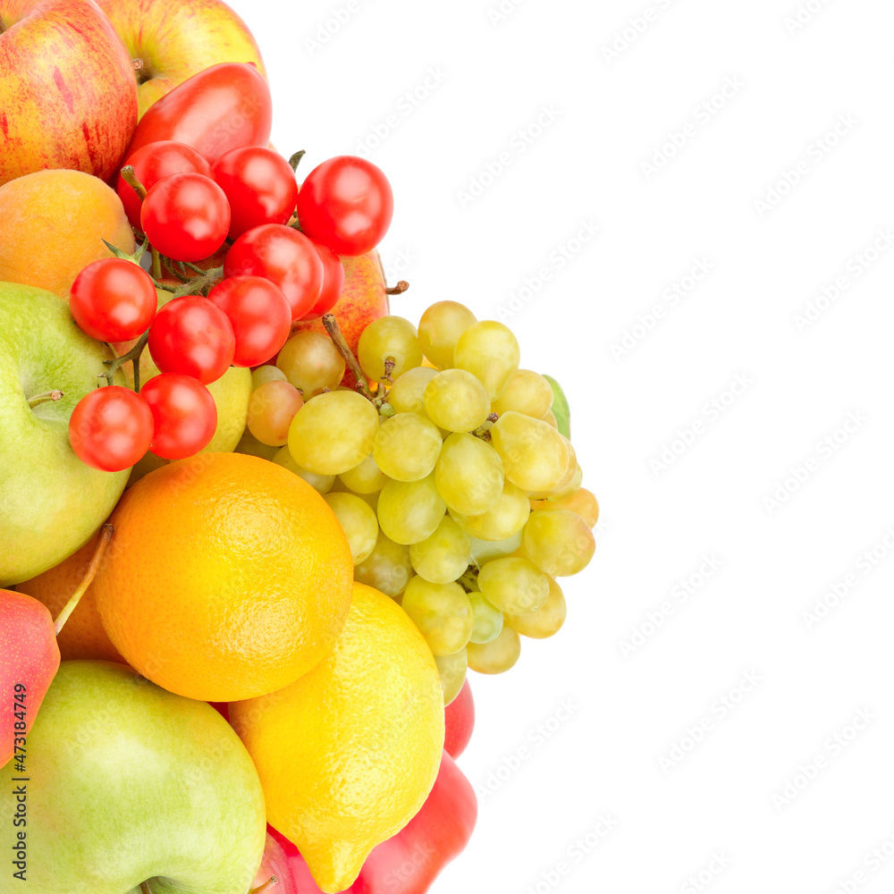 Fruits and vegetables isolated on a white . Place for your text.