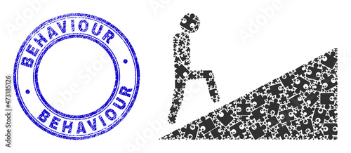 Puzzle person climbing up mosaic icon with Behaviour badge. Blue vector rounded grunge seal stamp with Behaviour title. Abstract mosaic of person climbing up icon composed of puzzle pieces.