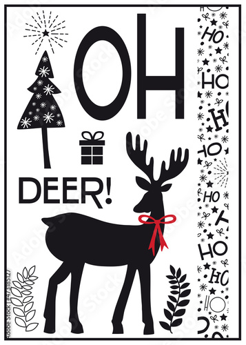 oh deer - hohoho Postkarte Design in Schwarz mit Rentier mit roter Schleife Grafik und Text