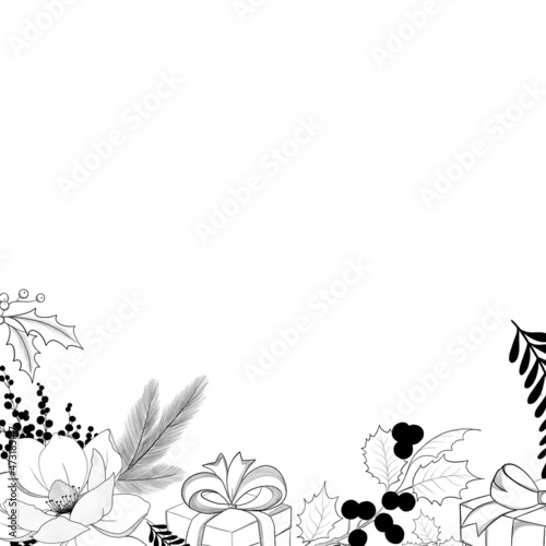 . Decorative christmas seamless pattern with floral elements, decorations, poinsettia. Perfect for invitations, greeting cards, packing, gift wrapping, prints etc
