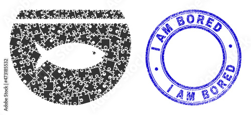 Puzzle fish tank mosaic pictogram with I Am Bored badge. Blue vector rounded scratched seal with I Am Bored phrase. Abstract mosaic of fish tank icon designed of puzzle icons.