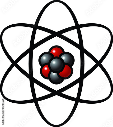 A simple representation of an atom with a complex black and red nucleus and three electron orbits.