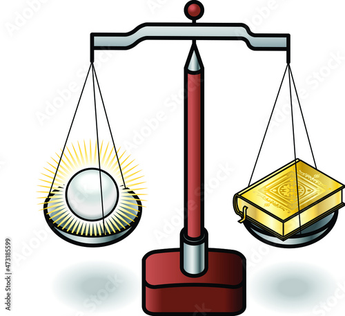 A set of scales weighing up a pearl of knowledge and a holy book. Knowledge or education versus religion or superstition concept.
