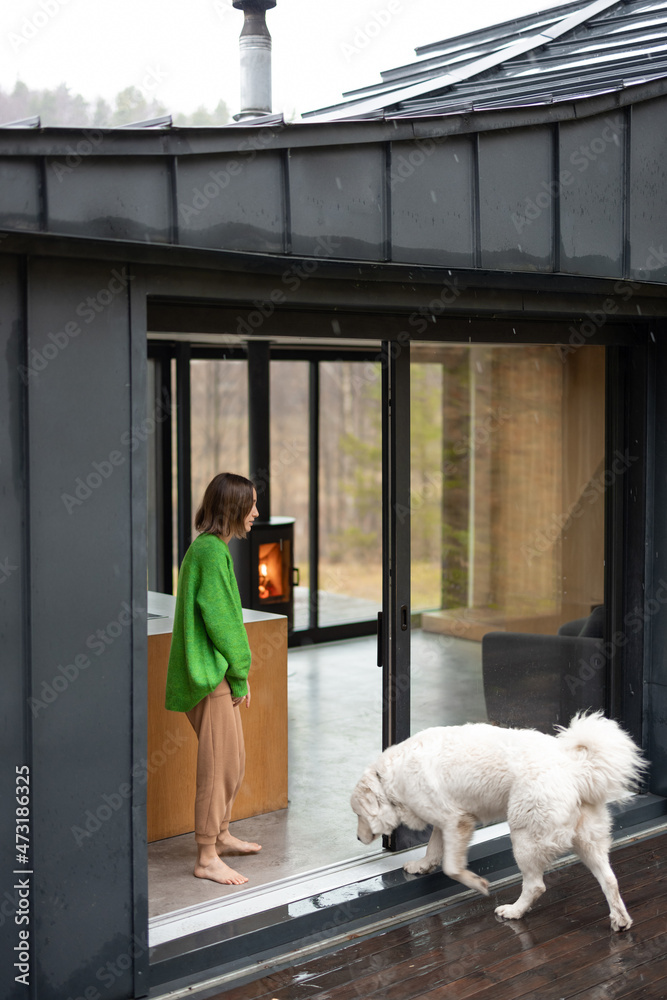 Young woman with her dog at modern house on nature. Girl in green sweater standing near the window and look outside. Concept of comfort and happy modern life Young woman with her dog at modern house on nature. Girl in green sweater standing near the window and look outside. Concept of comfort and happy modern life