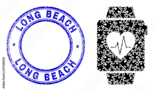 Puzzle health tracker watches mosaic icon with Long Beach seal. Blue vector rounded grunge seal with Long Beach title. Abstract mosaic of health tracker watches icon designed of puzzle elements.
