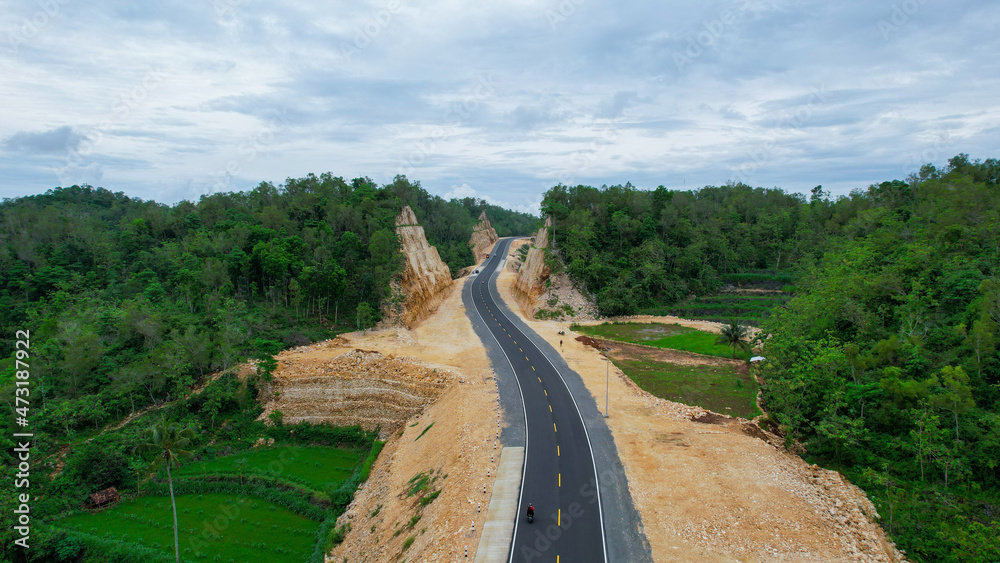 Aerial view of highway with beautiful views. the southern Java crossing line. Central Java, Indonesia