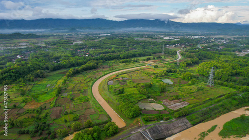 Aerial view of Colo Water Dam in dry season. Solo - Indonesia. 