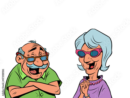 An old man and an old women couple laugh. love and friendship