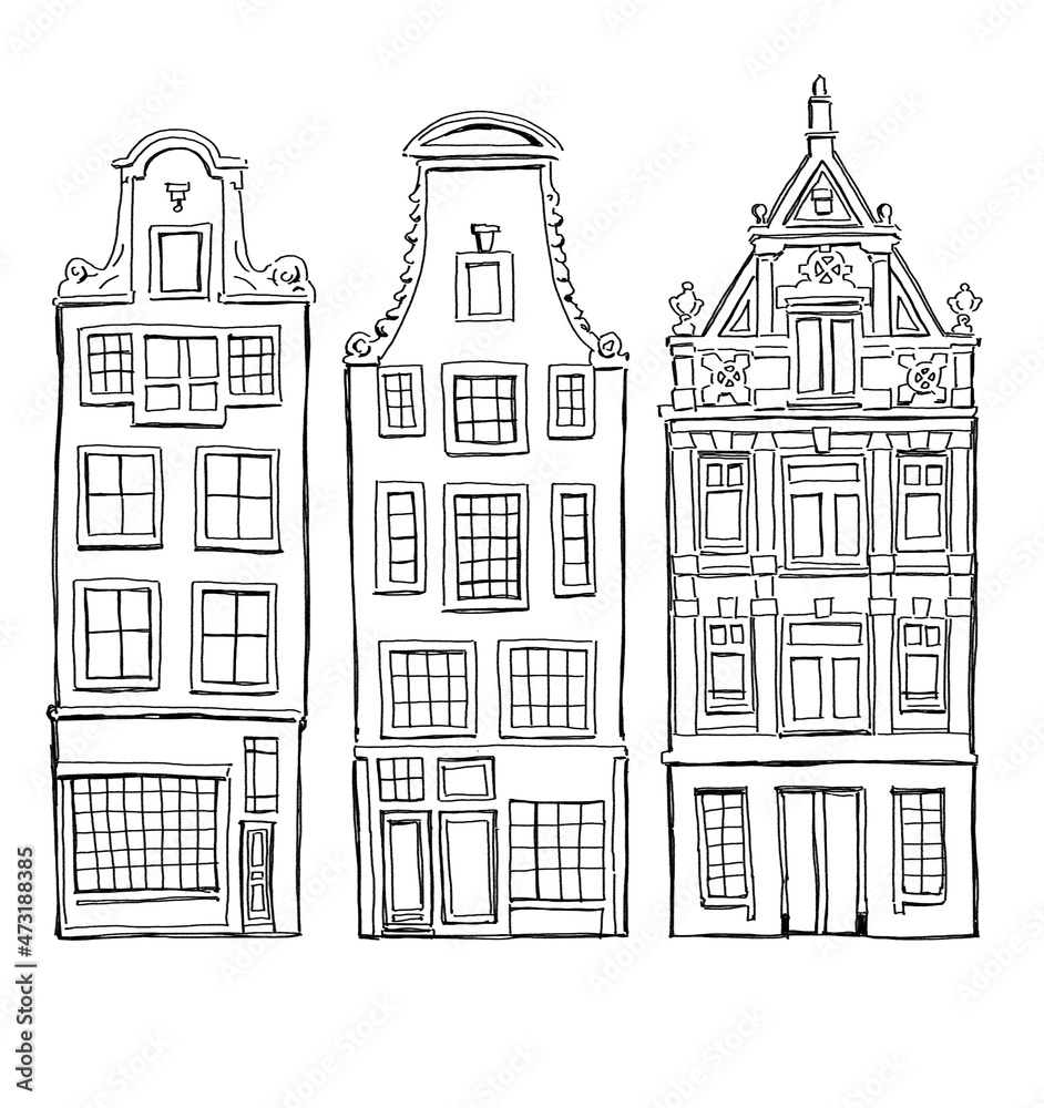 Beautiful houses drawn by line in a graphic editor from Amsterdam. For poster, stickers, sketchbook cover, print, your design.
