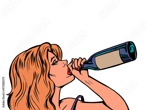 a woman drinks wine from the throat of a bottle, depression and loneliness