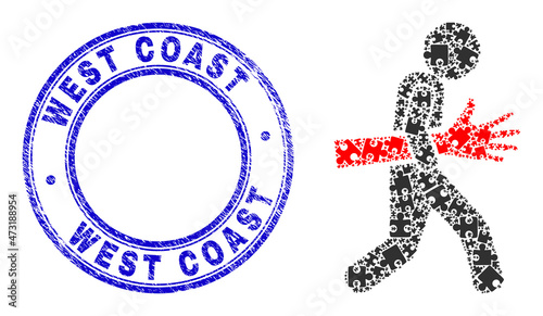 Puzzle maneken hand robber mosaic icon with West Coast seal stamp. Blue vector round scratched seal with West Coast caption. Abstract mosaic of maneken hand robber icon made of puzzle items.