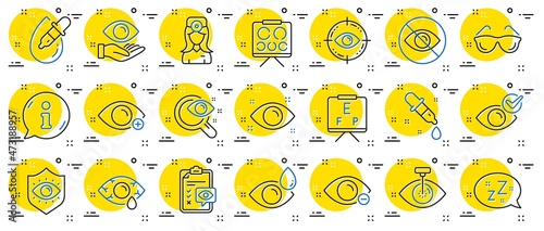 Optometry, Eye doctor line icons. Medical laser surgery, glasses and eyedropper. Pink eye, Cataract surgery and allergy icons. Vision exam problem, optician board, oculist chart. Vector