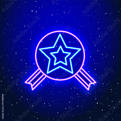 Neon luminous intertwined star and medal design. Linear achievement medal design. Gift medal with neon star in space Unique and realistic neon icon. Linear icon on blue background.