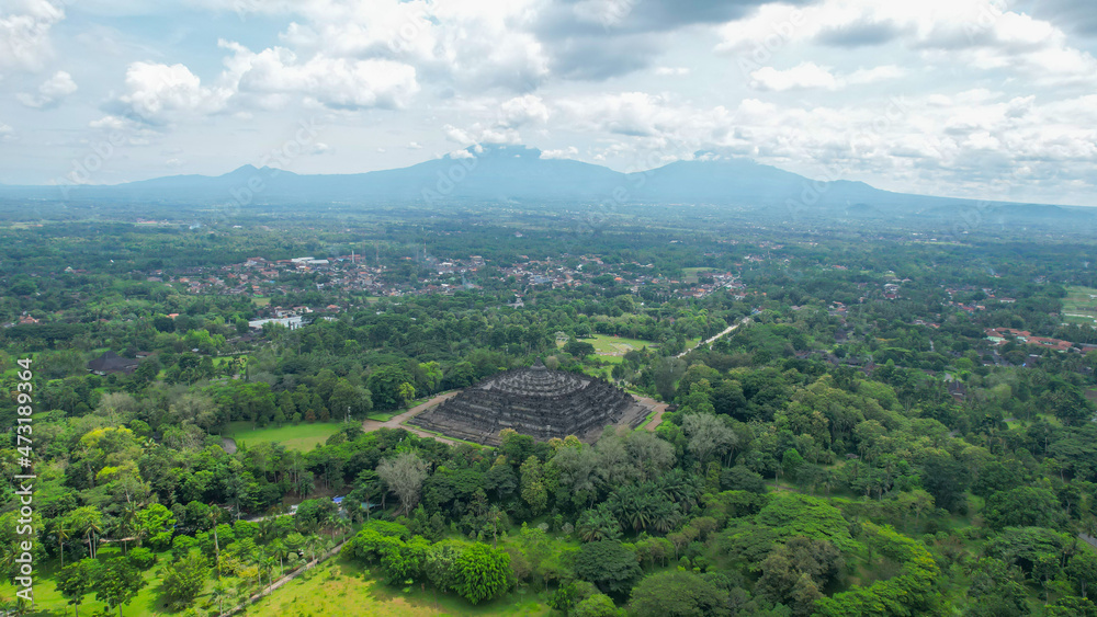 Aerial view of the Magnificent Borobudur temple. The world's largest Buddhist monument, in Central Java. Magelang, Indonesia