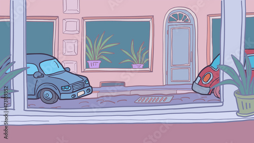 cars are parked on a city street along the sidewalk. cars are parked on a city street along the sidewalk. View from the window