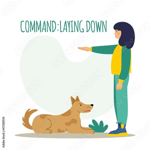 People training their pet dog set. The pet executes the command to lie down. The training process. Editable vector illustration