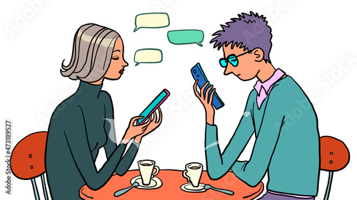 online addiction a man and a woman ignore each other and look into a smartphone, internet surfing