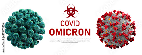 Coronavirus new stamp omicron isolated on white. Close-up of coronavirus cells or bacteria molecule. Infectious flue. Bacteria, cell infected organism. Virus Covid-19. 3d Rendering