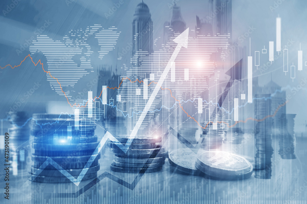 Multi exposure illustration of virtual creative financial chart hologram on growing stacks of coins background Multi exposure illustration of virtual creative financial chart hologram on growing stacks of coins background