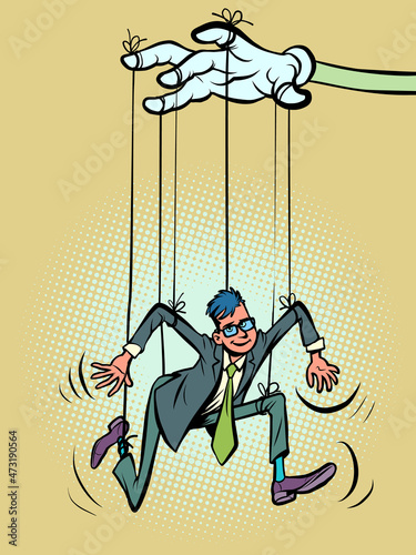 male businessman puppet on ropes, control and management, boss and subordinate office clerk