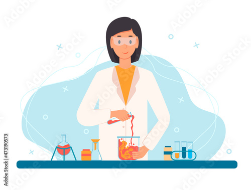 Women scientist carrying out the experiment. Chemist laboratory concept. Modern flat vector illustration.