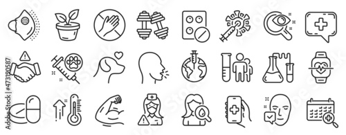 Set of Healthcare icons  such as Pets care  Medical chat  Dont touch icons. Health app  Medical analyzes  Moisturizing cream signs. Strong arm  Face accepted  Nurse. Cardio training  Cough. Vector