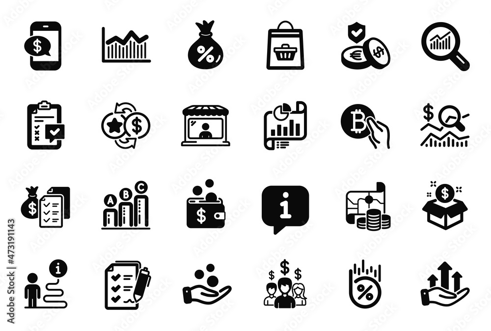 Vector Set of Finance icons related to Treasure map, Loan percent and Data analysis icons. Donation money, Survey checklist and Checklist signs. Post package, Graph chart and Bitcoin pay. Vector