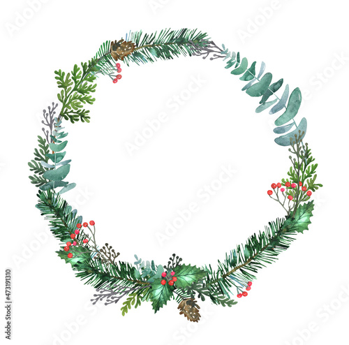Watercolor Christmas wreath. Evergreen winter circle frame, border. Folliage, snowy fir tree, spruce branches, red holly berries, leaves . Hand painted illustration isolated on white background. 