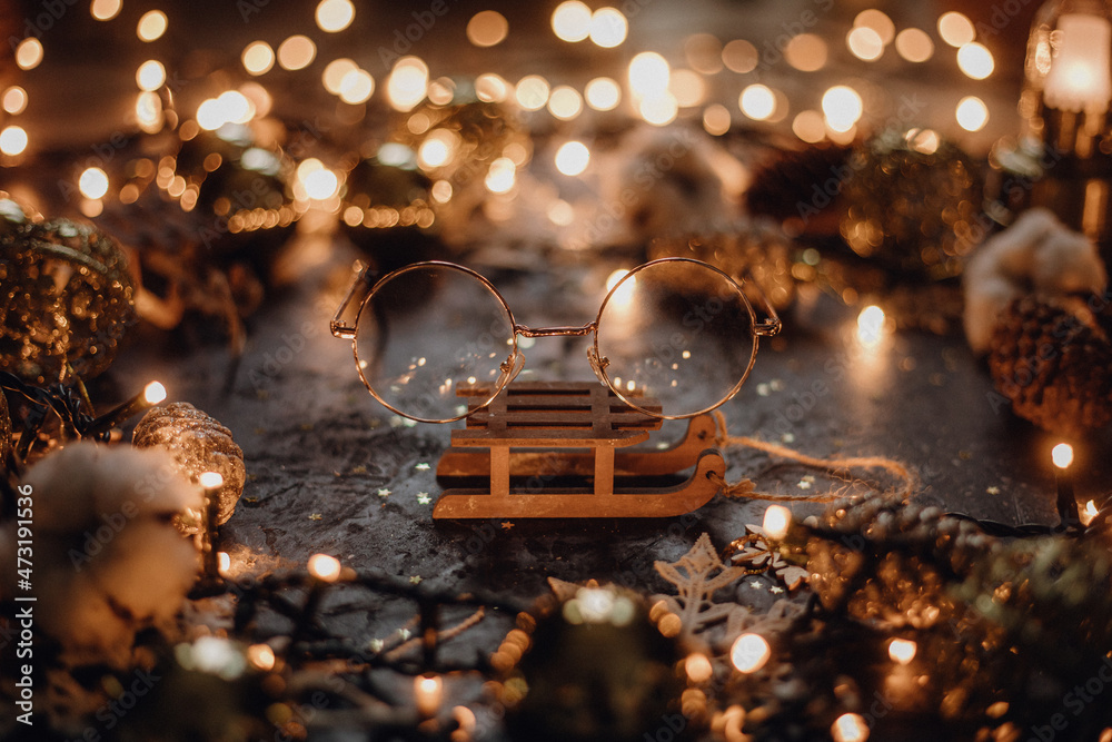 Fototapeta premium Merry Christmas, Happy Holidays cottage core, vintage preparations - Harry Potter glasses bookworm, dark academia