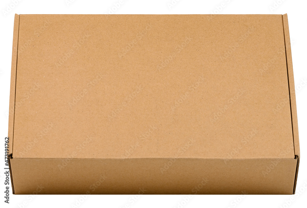Cardboard box isolated on a white background. Front view at an angle from above