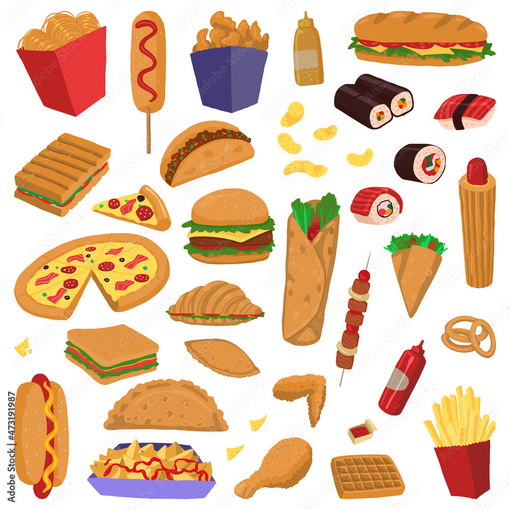 Set of fast food doodles. Collection of varied delicious food. Hand drawn vector illustration in flat style. Cartoon cliparts isolated on white background.
