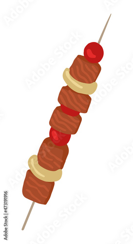Grilled meat with vegetables, skewer shashlik. Tasty food single doodle. Hand drawn vector illustration in flat style. Cartoon clipart isolated on white background.