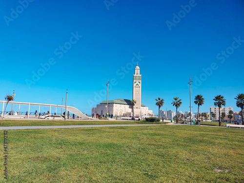 Casablanca, Morocco - 28 November 2021, view of Hassan II Mosque from the street, Casablanca cityscape