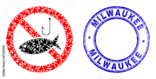 Puzzle restricted fishing mosaic icon with Milwaukee seal. Blue vector round textured seal stamp with Milwaukee phrase. Abstract mosaic of restricted fishing icon organized of puzzle elements.