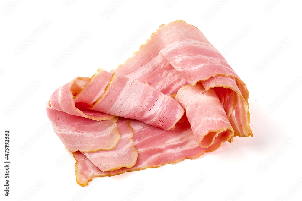 Smoked bacon slices, isolated on white background.