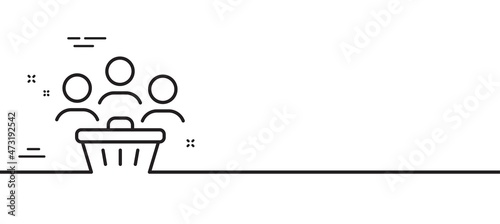 Buyers with shopping cart line icon. Customers group sign. Supermarket clients symbol. Minimal line illustration background. Buyers line icon pattern banner. White web template concept. Vector