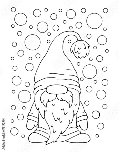 Winter coloring page with a gnome with a beard in a hat under the snow. Christmas hand drawn vector thin line art illustration. Coloring book for children and adults.