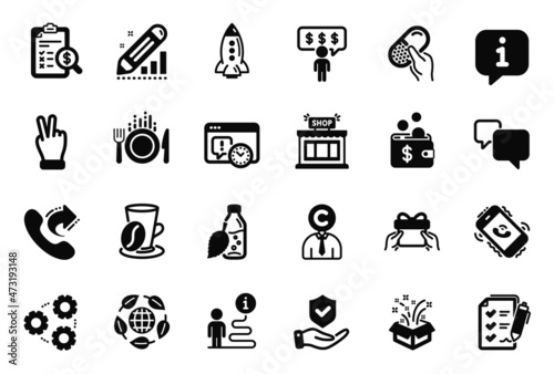 Fototapeta Naklejka Na Ścianę i Meble -  Vector Set of Business icons related to Survey checklist, Water bottle and Gears icons. Coffee cup, Edit statistics and Rocket signs. Call center, Gift and Food. Shop, Eco organic. Vector