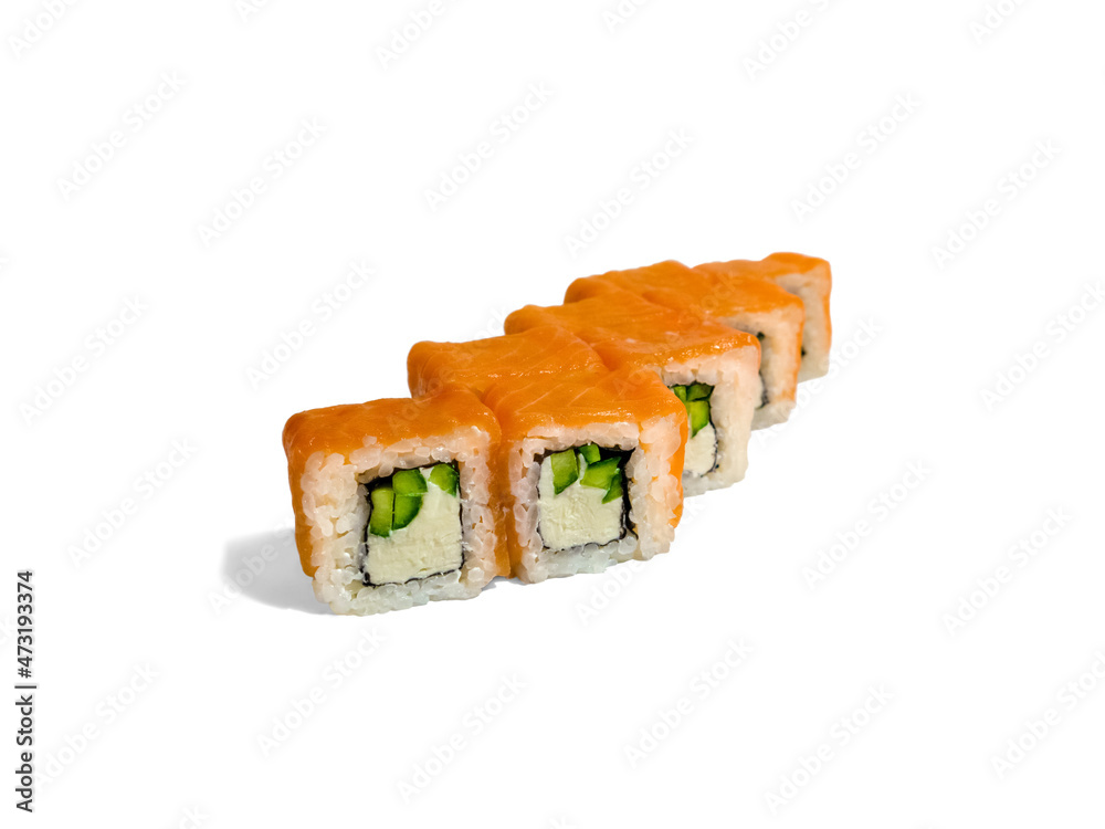 Uramaki roll california isolated on white background. Japanese sushi roll with salmon, cucumber and california cheese Uramaki roll california isolated on white background. Japanese sushi roll with salmon, cucumber and california cheese