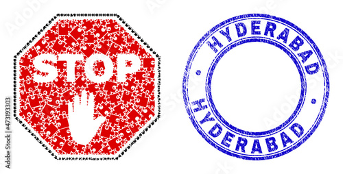 Puzzle octagon stop palm mosaic icon with Hyderabad seal. Blue vector round scratched seal stamp with Hyderabad caption. Abstract composition of octagon stop palm icon created of puzzle items.